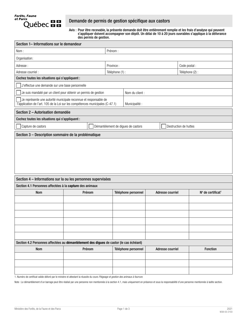 Forme W38-03-2103 Demande De Permis De Gestion Specifique Aux Castors - Quebec, Canada (French), Page 1