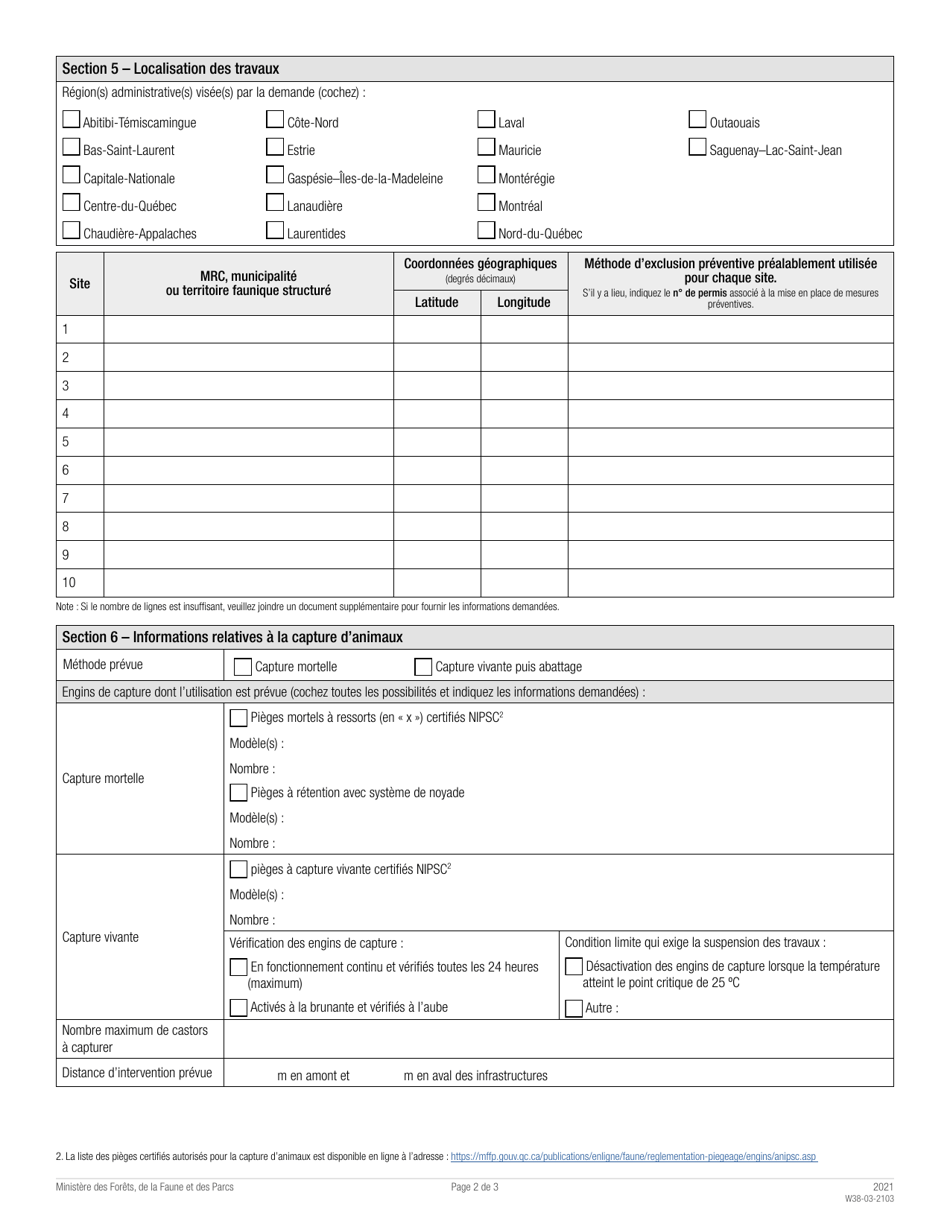Forme W38-03-2103 Demande De Permis De Gestion Specifique Aux Castors - Quebec, Canada (French), Page 2