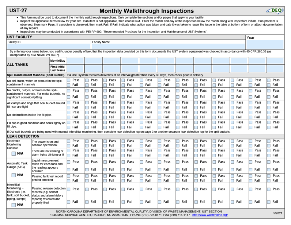 Form Ust 27 Download Fillable Pdf Or Fill Online Monthly Walkthrough Inspections North Carolina 2867