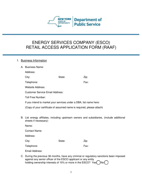 Energy Services Company (Esco) Retail Access Application Form (Raaf) - New York Download Pdf