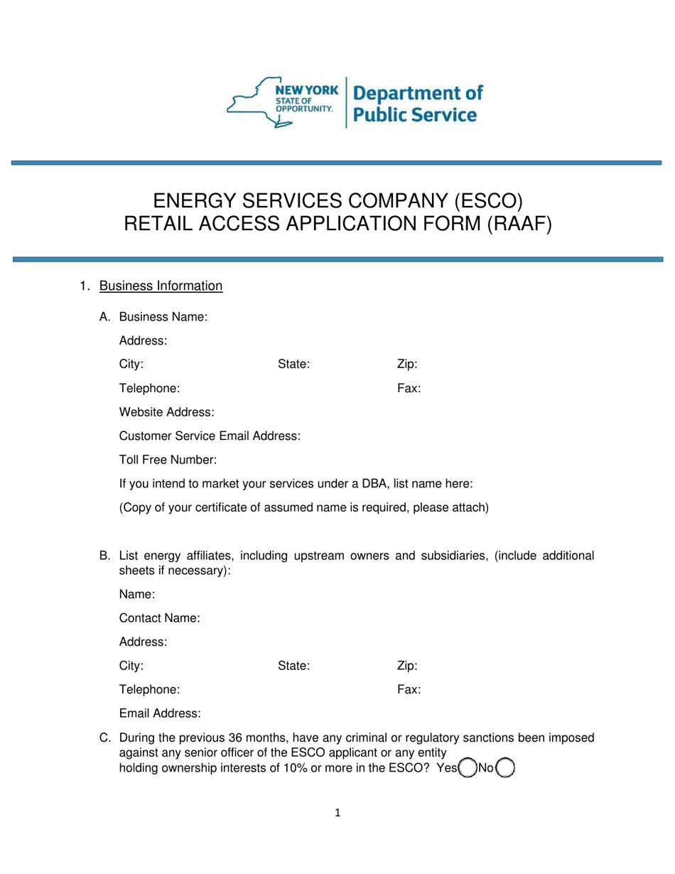 Energy Services Company (Esco) Retail Access Application Form (Raaf) - New York, Page 1