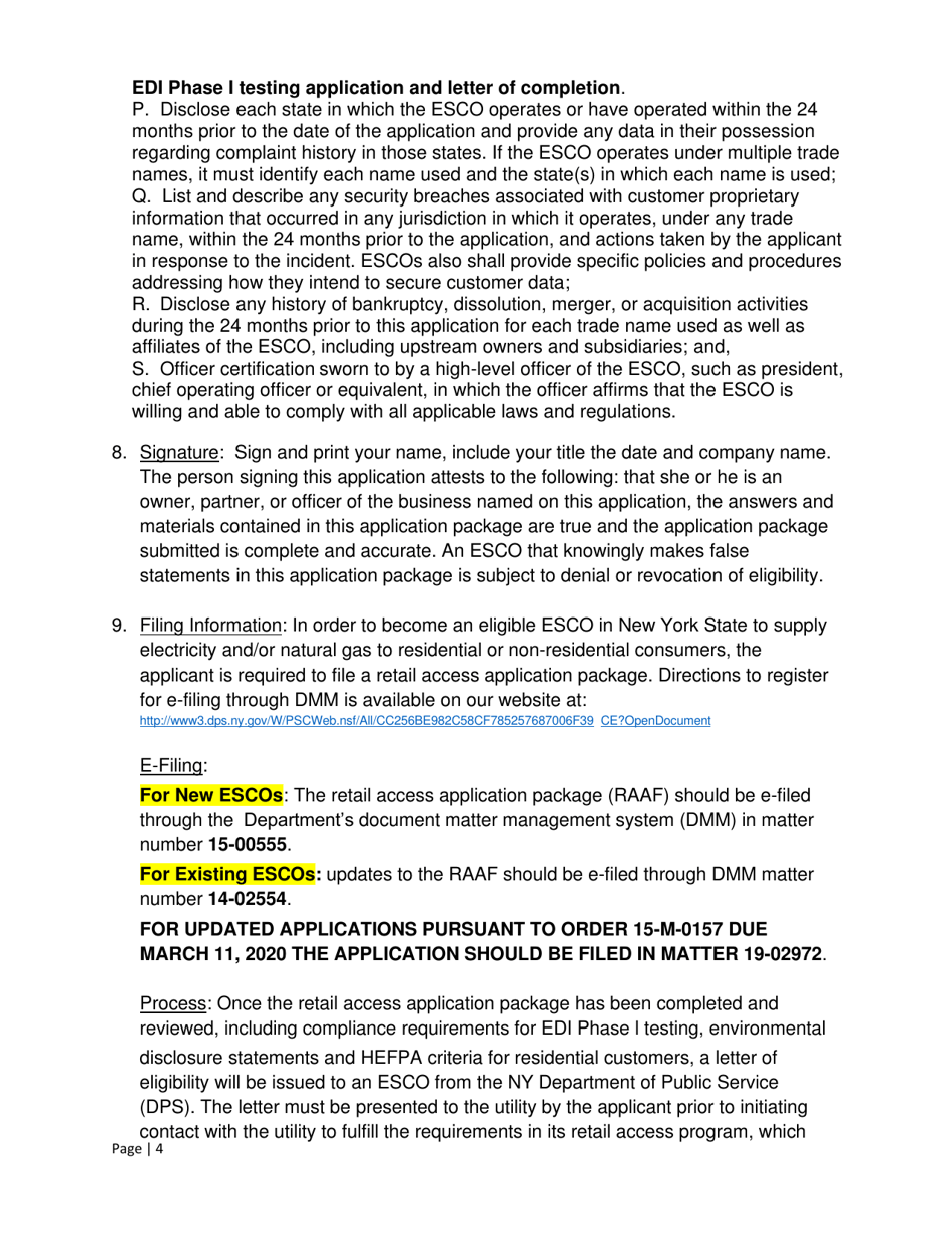 Instructions for Energy Services Company (Esco) Retail Access Application Form (Raaf) - New York, Page 4