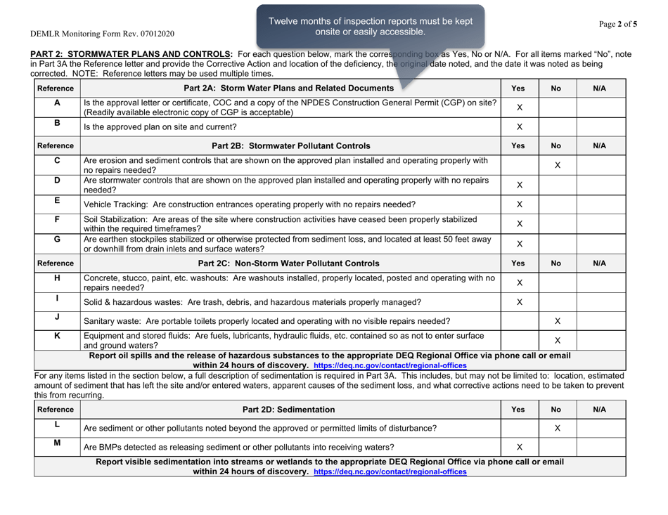 Sample Inspection and Monitoring Records for Activities Under Stormwater General Permit Ncg010000 and Self-inspection Records for Land Disturbing Activities Per G.s. 113a-54.1 - North Carolina, Page 2