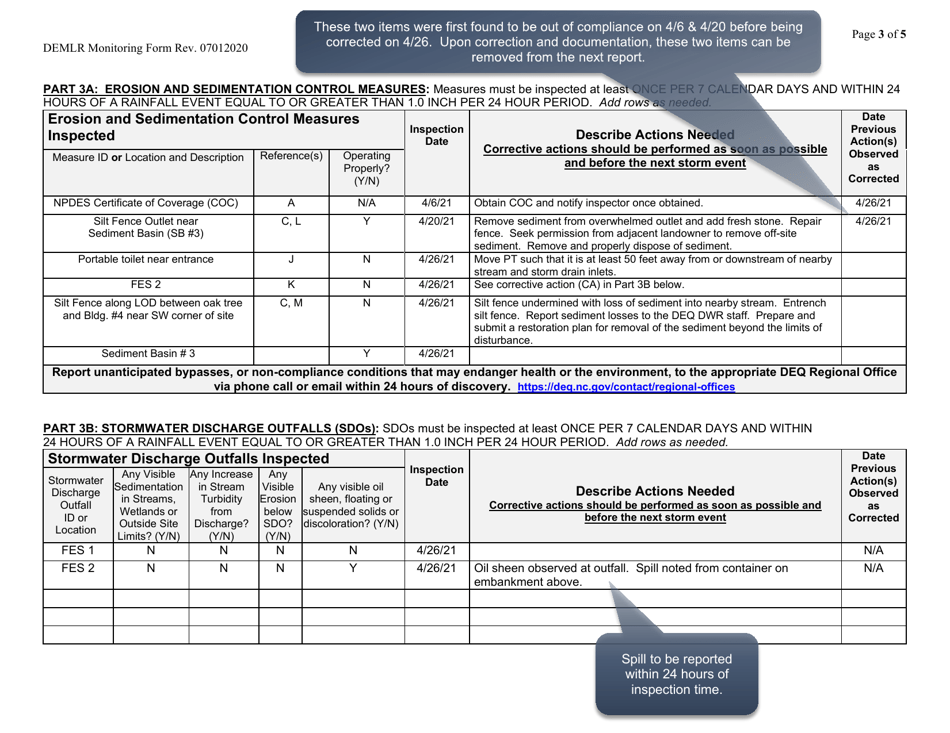 Sample Inspection and Monitoring Records for Activities Under Stormwater General Permit Ncg010000 and Self-inspection Records for Land Disturbing Activities Per G.s. 113a-54.1 - North Carolina, Page 3