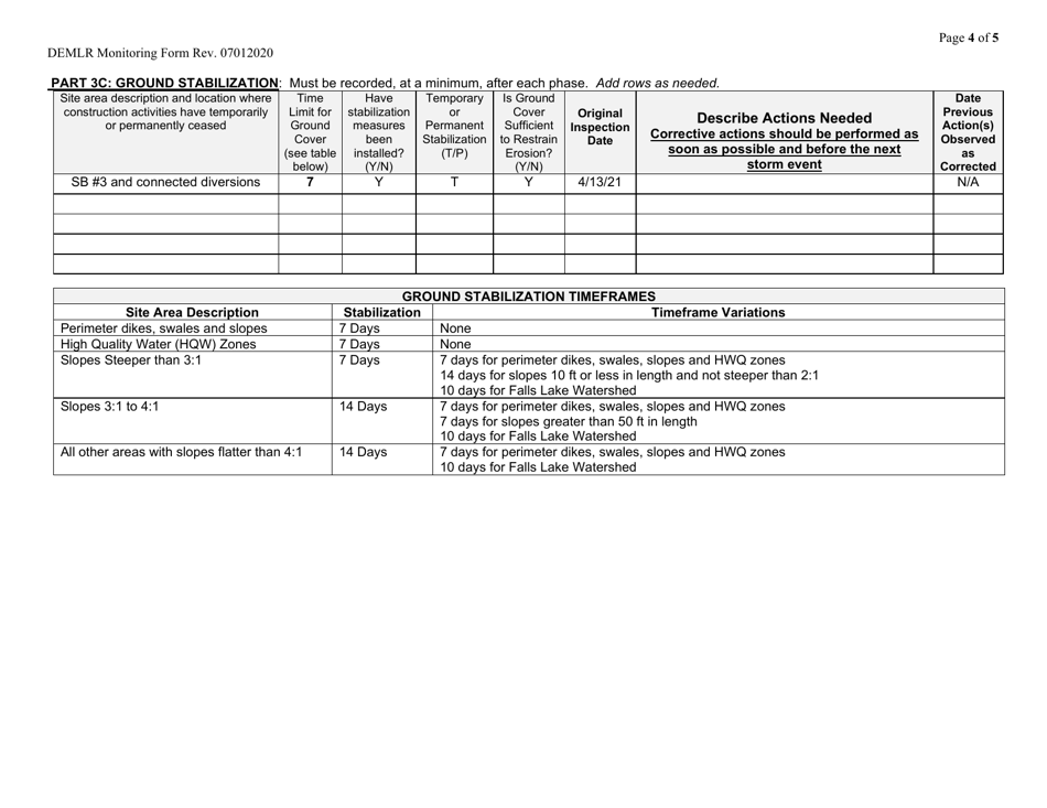 Sample Inspection and Monitoring Records for Activities Under Stormwater General Permit Ncg010000 and Self-inspection Records for Land Disturbing Activities Per G.s. 113a-54.1 - North Carolina, Page 4