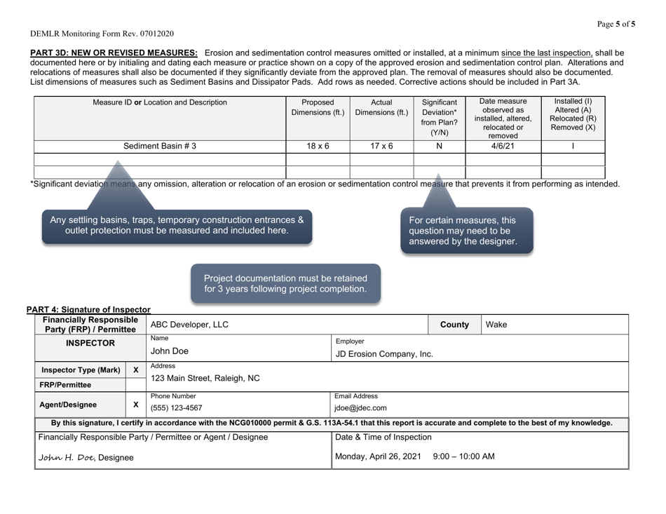 Sample Inspection and Monitoring Records for Activities Under Stormwater General Permit Ncg010000 and Self-inspection Records for Land Disturbing Activities Per G.s. 113a-54.1 - North Carolina, Page 5
