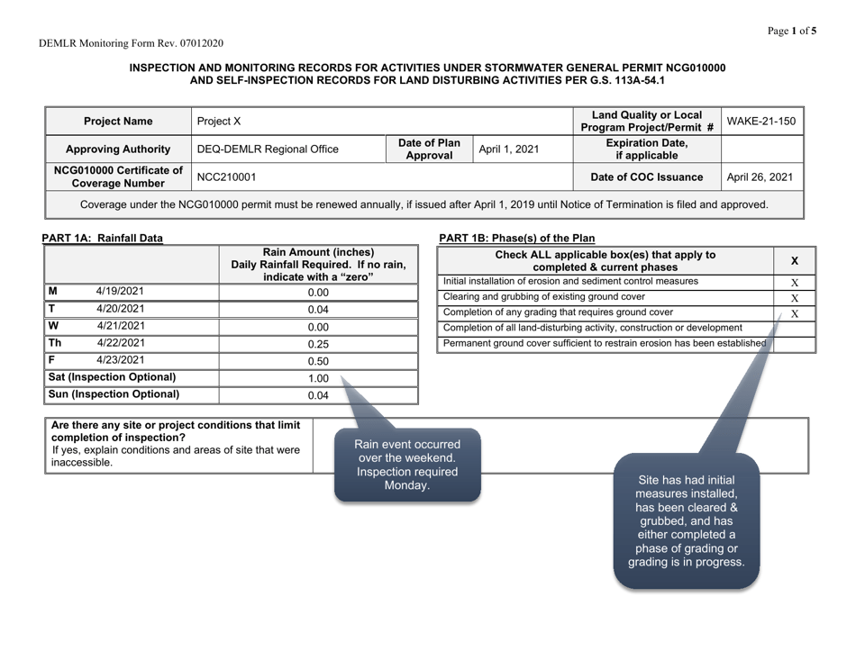 North Carolina Inspection and Monitoring Records for Activities Under