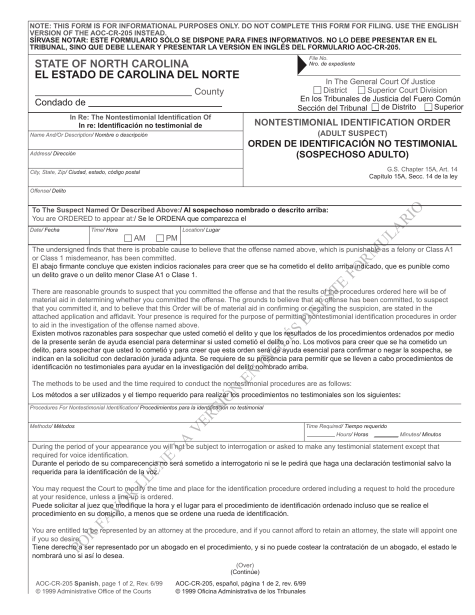 Form AOC-CR-205 Nontestimonial Identification Order (Adult Suspect) - North Carolina (English / Spanish), Page 1
