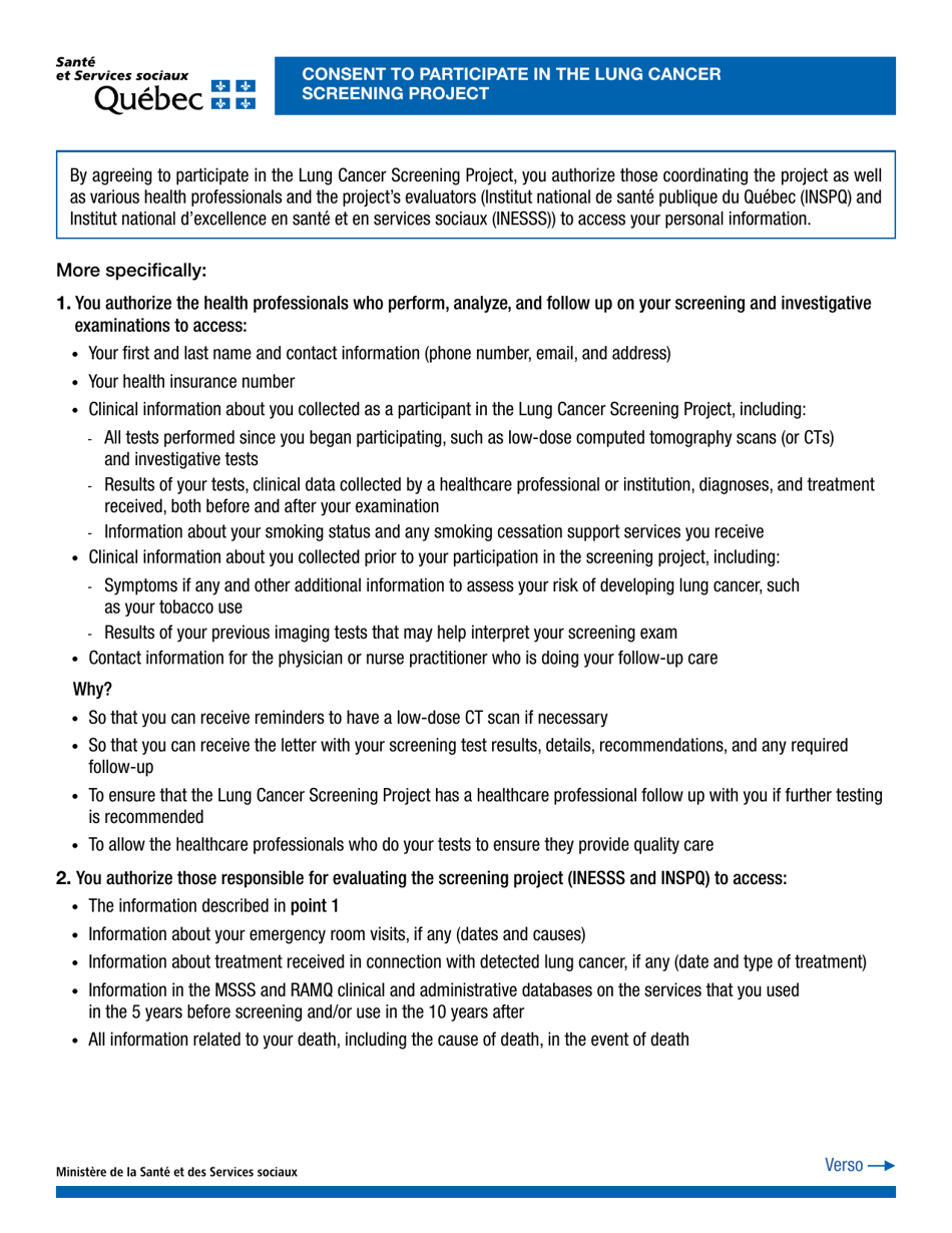 Form 21-902-05WA Consent to Participate in the Lung Cancer Screening Project - Quebec, Canada, Page 1