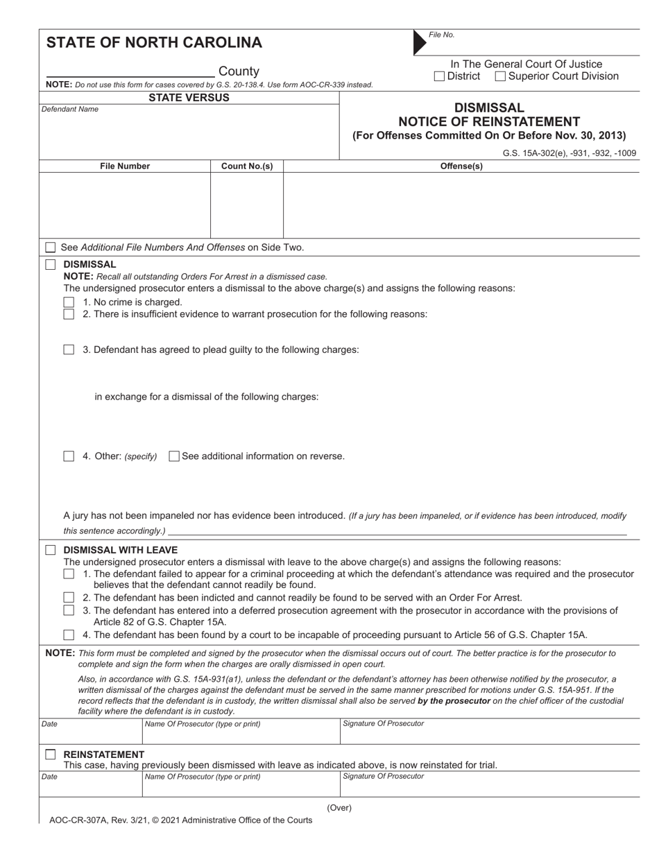 Form AOC-CR-307A Dismissal Notice of Reinstatement (For Offenses Committed on or Before Nov. 30, 2013) - North Carolina, Page 1