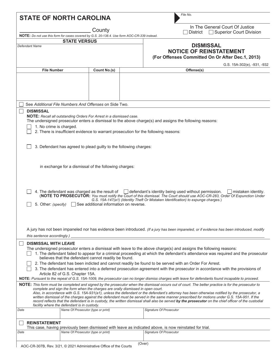Form AOC-CR-307B Dismissal Notice of Reinstatement (For Offenses Committed on or After Dec.1, 2013) - North Carolina, Page 1