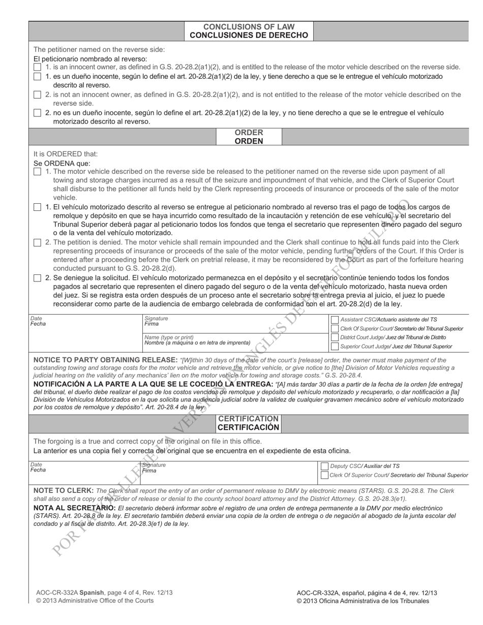 Form AOC-CR-332A Order on Non-defendant Owners Petition / Application for Release of Seized Motor Vehicle - Impaired Driving - North Carolina (English / Spanish), Page 4
