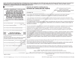 Document preview: Form AOC-CR-155 Search Warrant for Blood or Urine in Dwi Cases - North Carolina (English/Spanish)