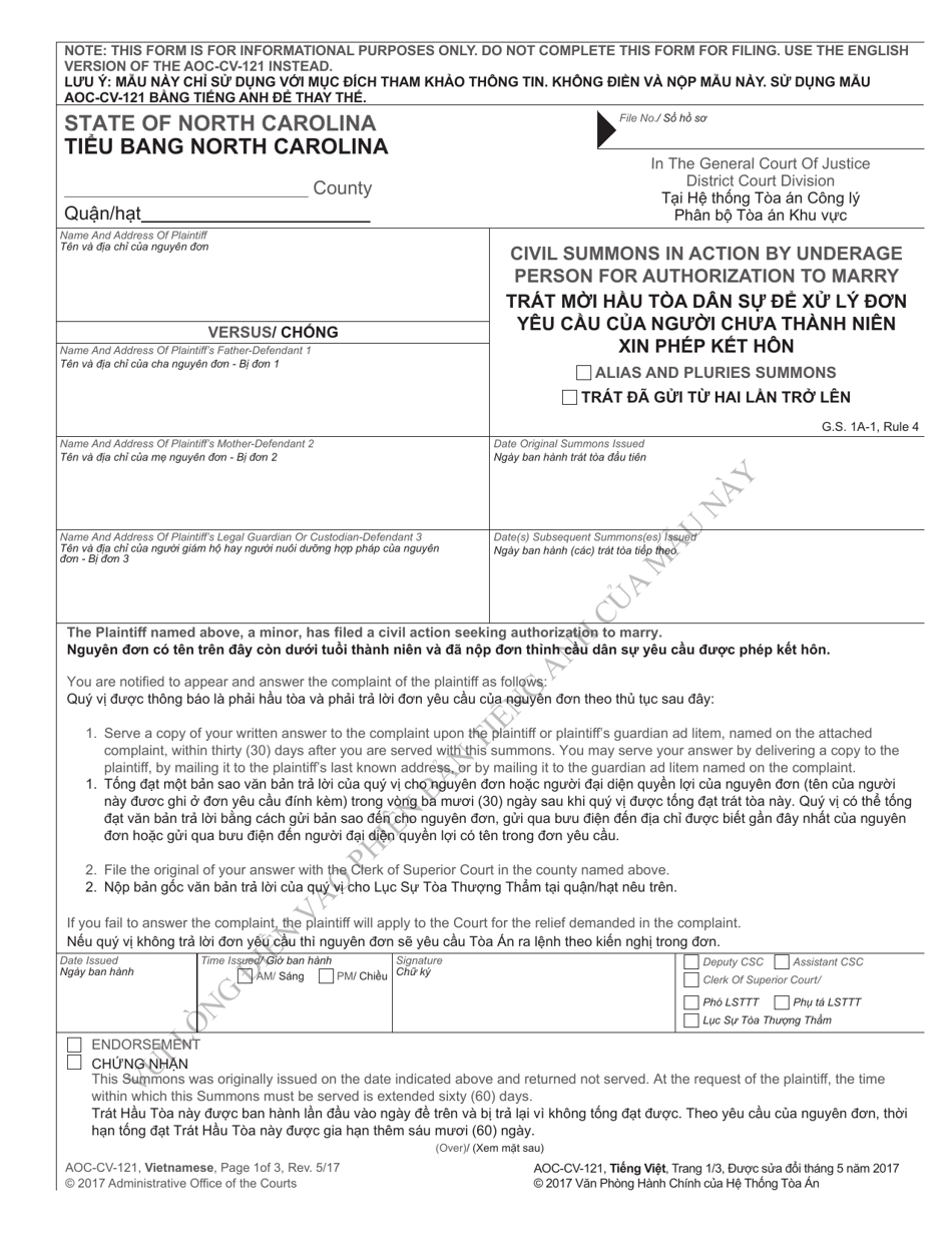 Form AOC-CV-121 Civil Summons in Action by Underage Person for Authorization to Marry - North Carolina (English/Vietnamese), Page 1