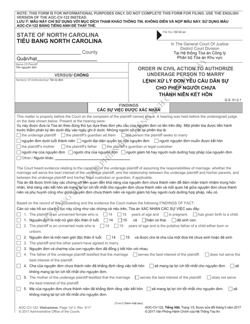 Form AOC-CV-122 Order in Civil Action to Authorize Underage Person to Marry - North Carolina (English/Vietnamese)
