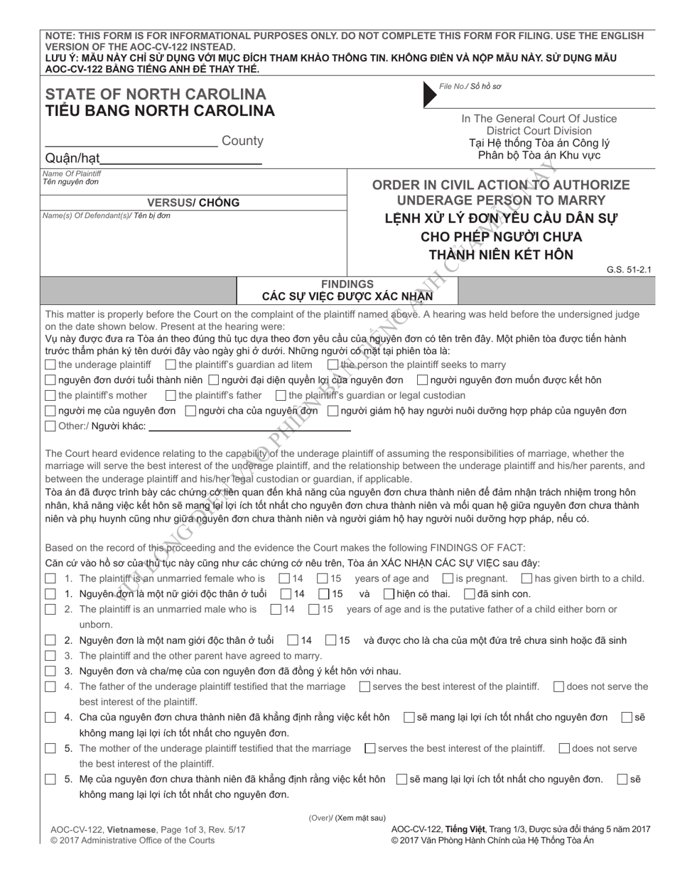 Form AOC-CV-122 Order in Civil Action to Authorize Underage Person to Marry - North Carolina (English / Vietnamese), Page 1