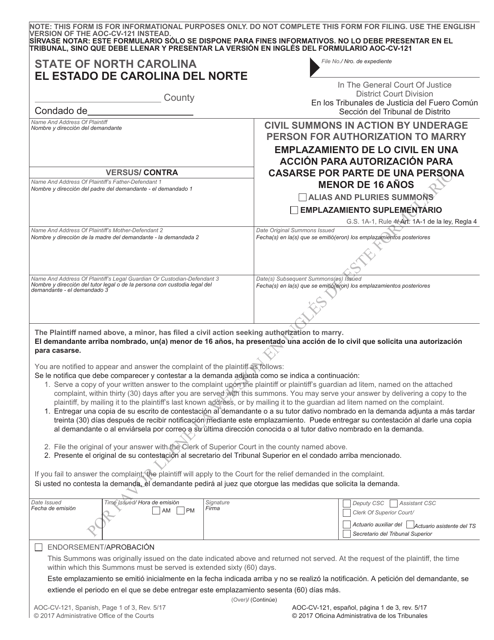 Document preview: Form AOC-CV-121 Civil Summons in Action by Underage Person for Authorization to Marry - North Carolina (English/Spanish)