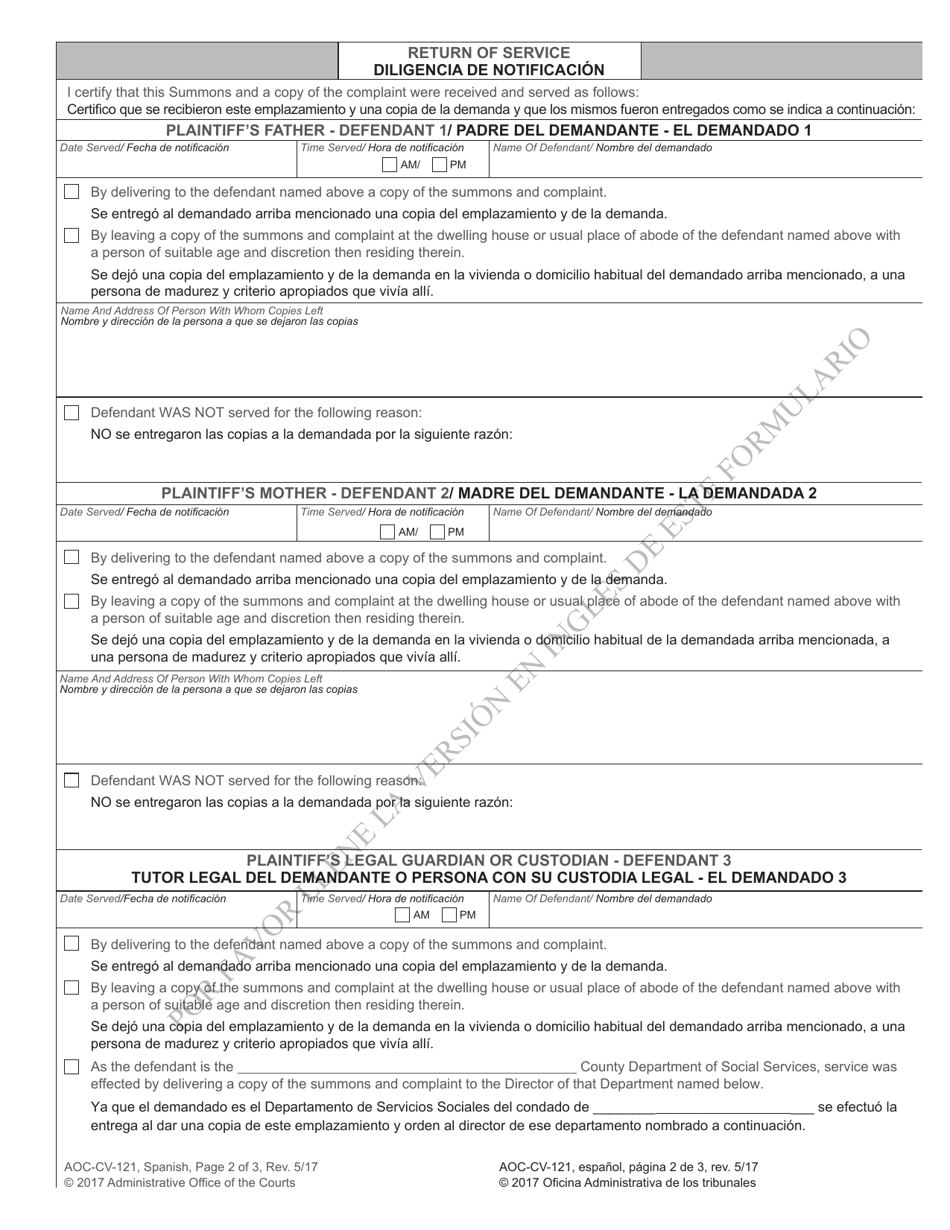 Form AOC-CV-121 Civil Summons in Action by Underage Person for Authorization to Marry - North Carolina (English / Spanish), Page 2