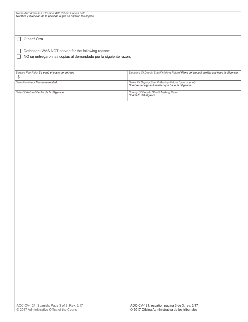 Form AOC-CV-121 Civil Summons in Action by Underage Person for Authorization to Marry - North Carolina (English / Spanish), Page 3