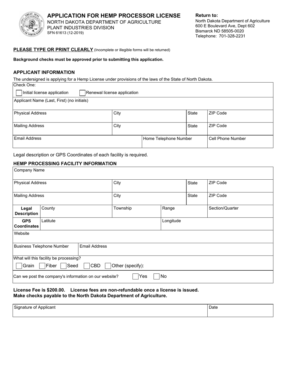 Form SFN61613 Application for Hemp Processor License - North Dakota, Page 1