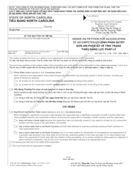 Document preview: Form AOC-SP-202 Order on Petition for Adjudication of Incompetence - North Carolina (English/Vietnamese)