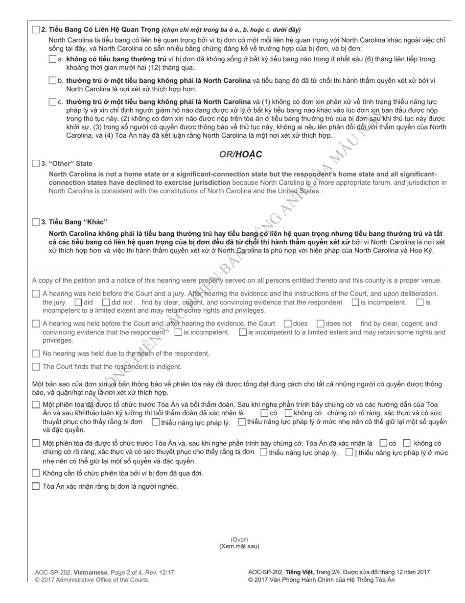 Form AOC-SP-202 Order on Petition for Adjudication of Incompetence - North Carolina (English / Vietnamese), Page 2
