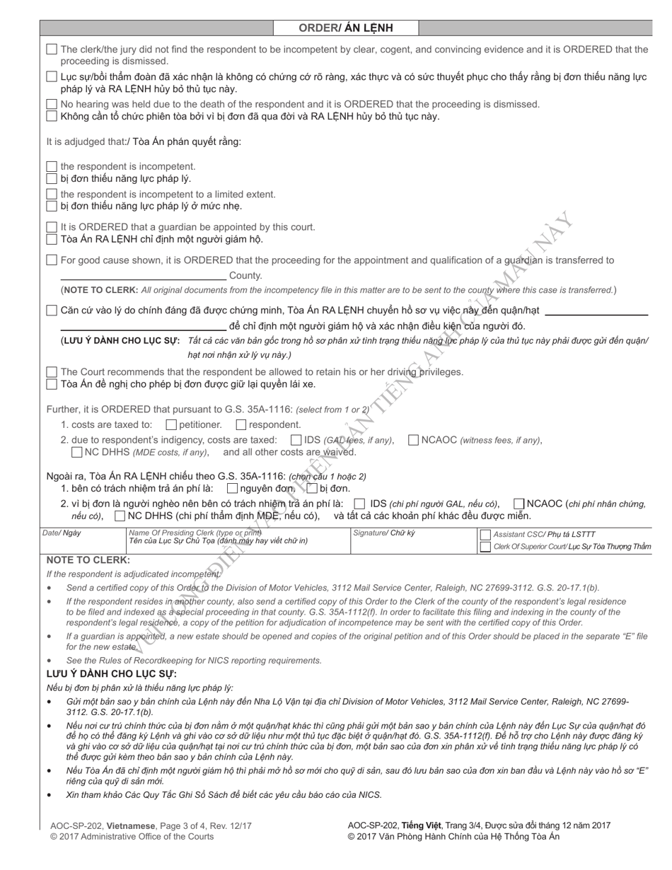 Form AOC-SP-202 Order on Petition for Adjudication of Incompetence - North Carolina (English / Vietnamese), Page 3