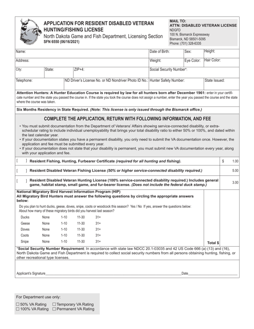 Form SFN6550 Application for Resident Disabled Veteran Hunting/Fishing License - North Dakota