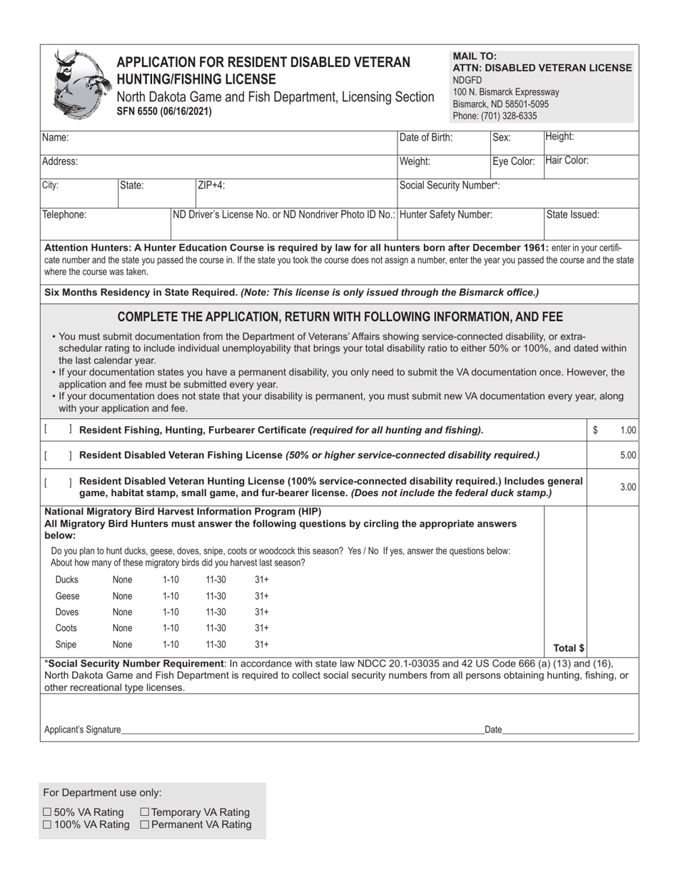 Form SFN6550 Application for Resident Disabled Veteran Hunting / Fishing License - North Dakota, Page 1