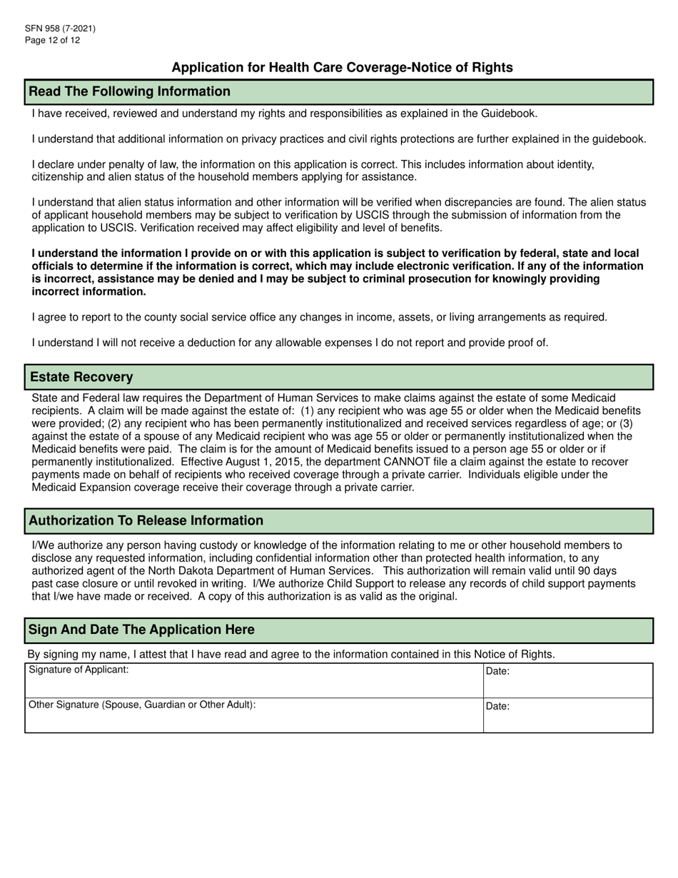 Form SFN958 Health Care Application for the Elderly and Disabled - North Dakota, Page 12