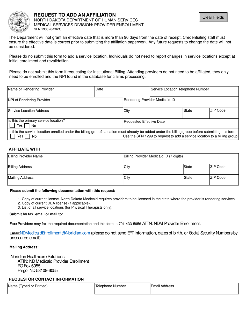 Form Sfn1330 Download Fillable Pdf Or Fill Online Request To Add An Affiliation North Dakota 5931