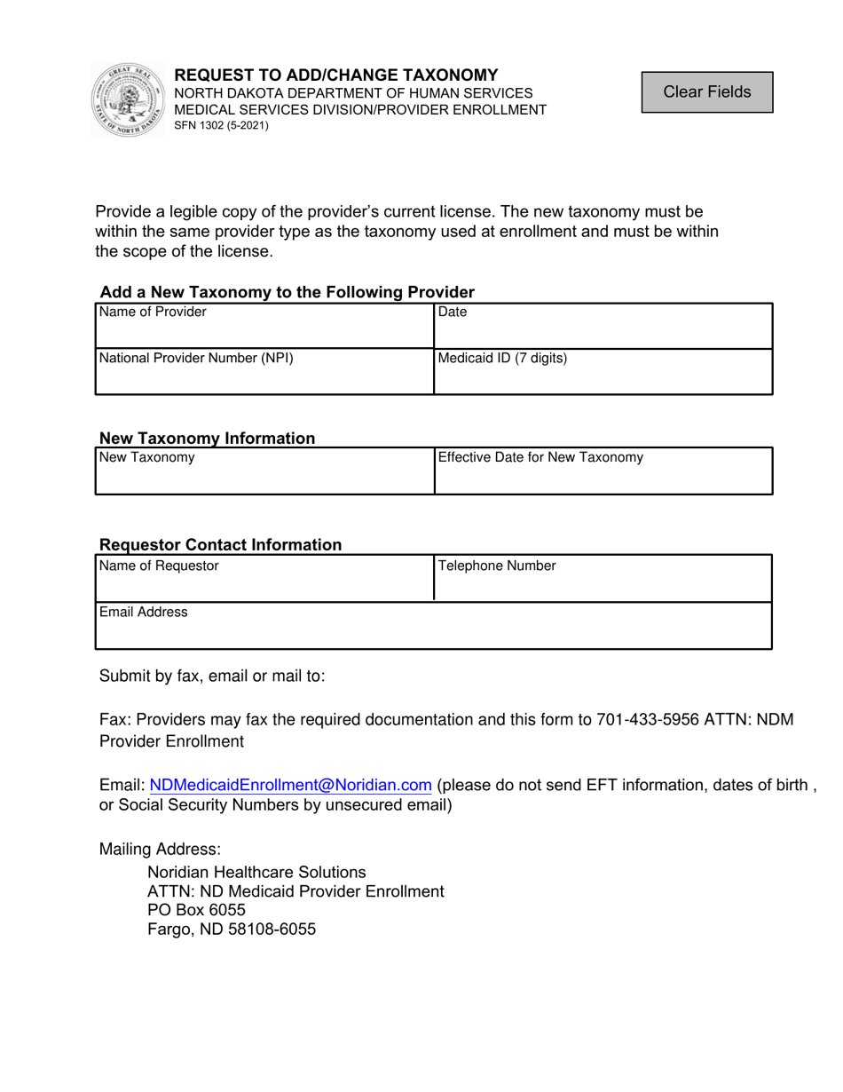 Form SFN1302 Request to Add / Change Taxonomy - North Dakota, Page 1