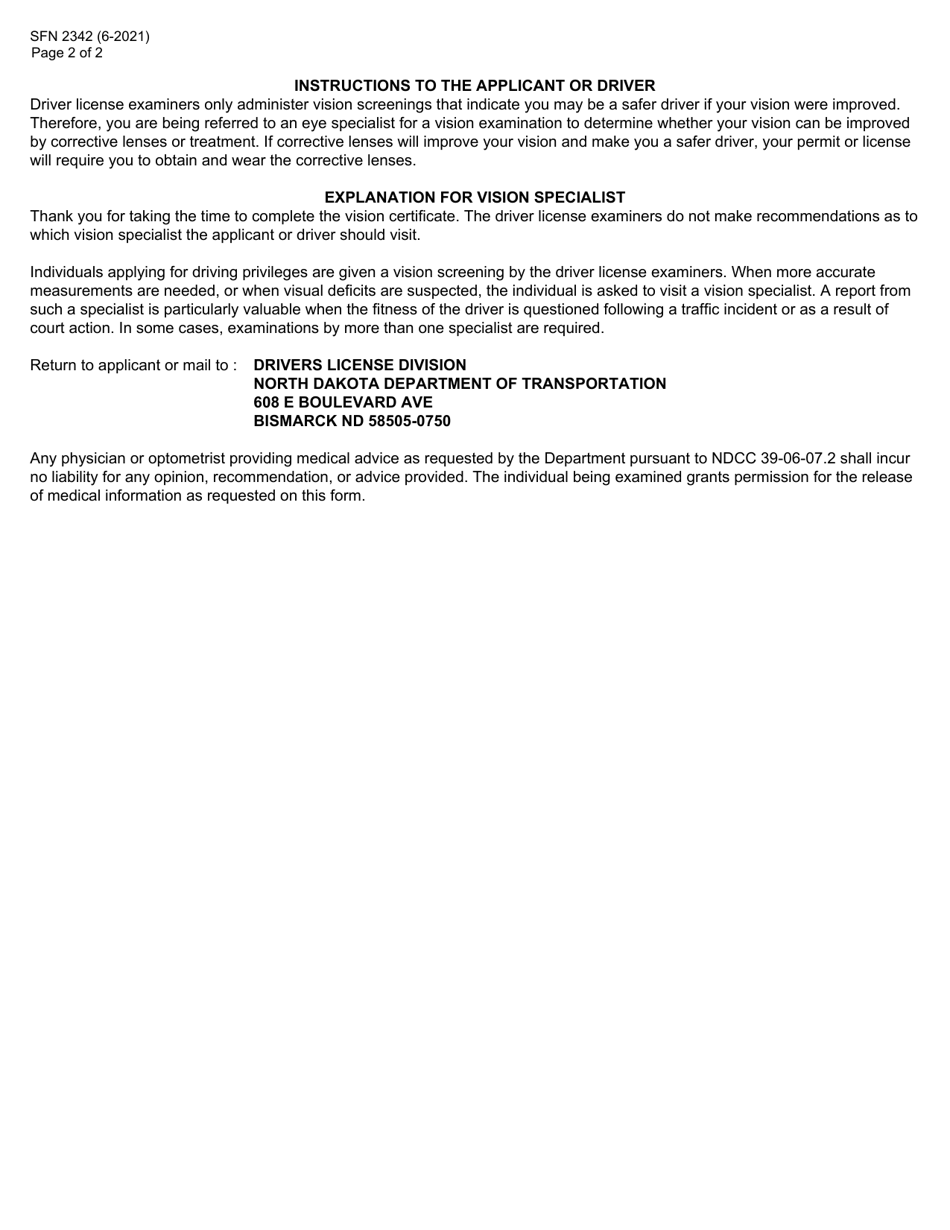 Form SFN2342 Certificate of Vision Examination - North Dakota, Page 2
