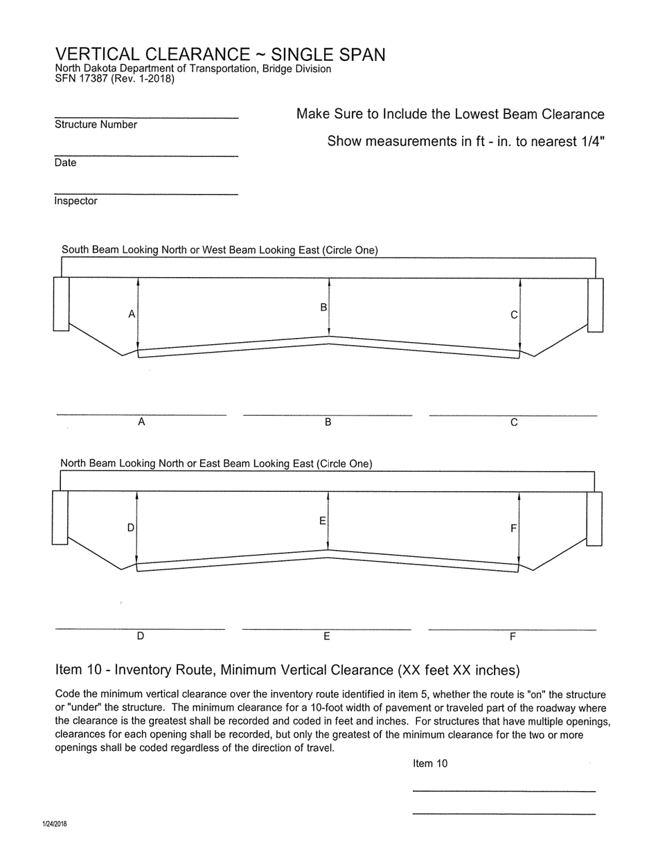 Form SFN17387 Vertical Clearance - Single Span - North Dakota, Page 1