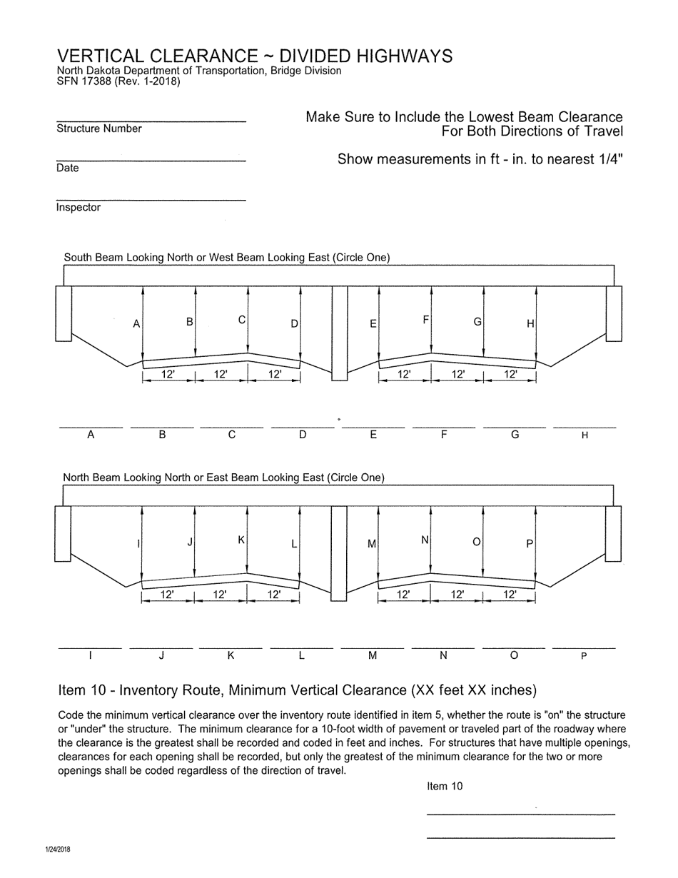 Form SFN17388 Vertical Clearance - 4-lane Highways - North Dakota, Page 1