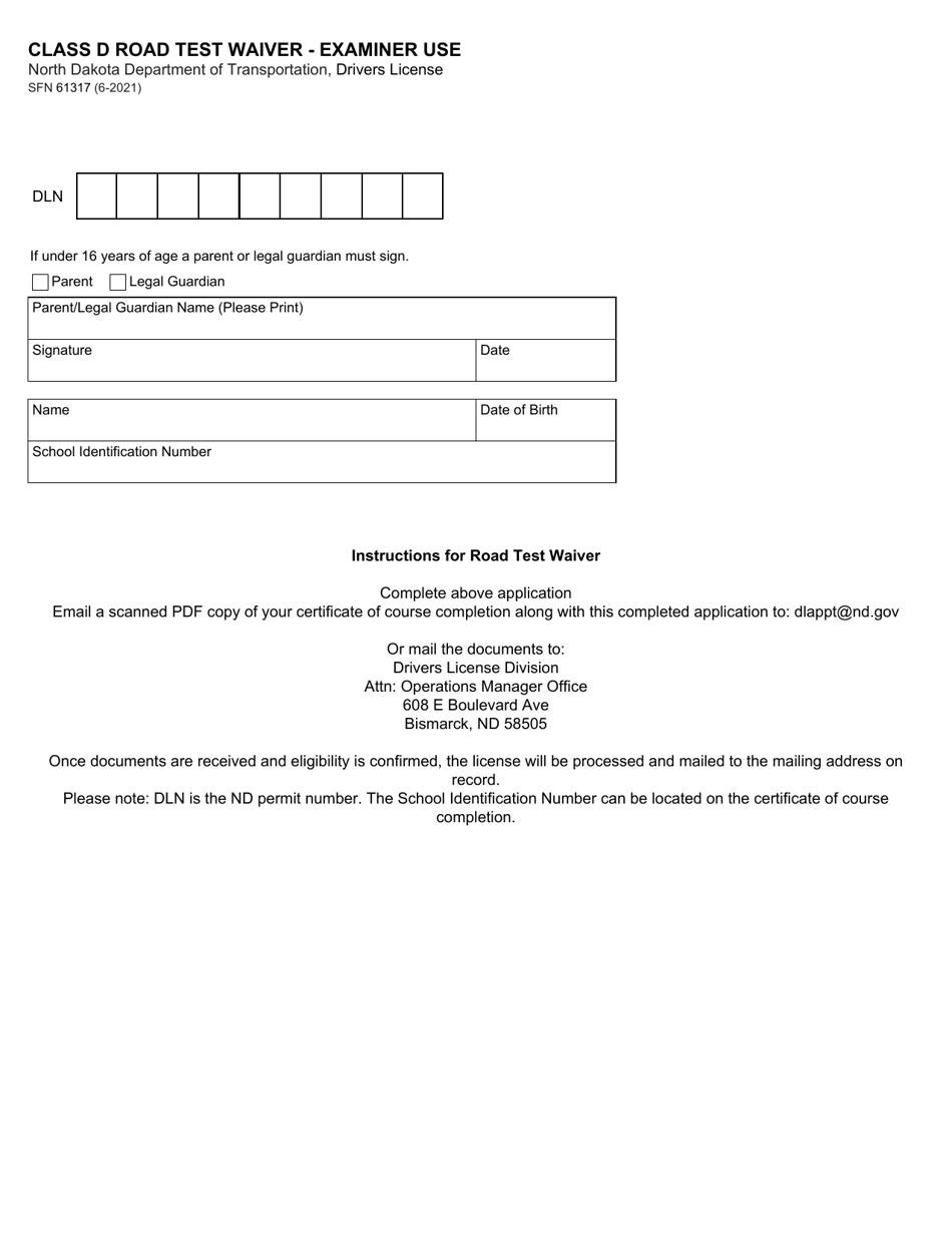Form SFN61317 Class D Road Test Waiver - Examiner Use - North Dakota, Page 1