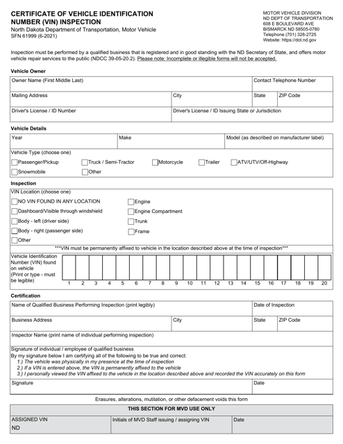 Form SFN61999 Certificate of Vehicle Identification Number (Vin) Inspection - North Dakota