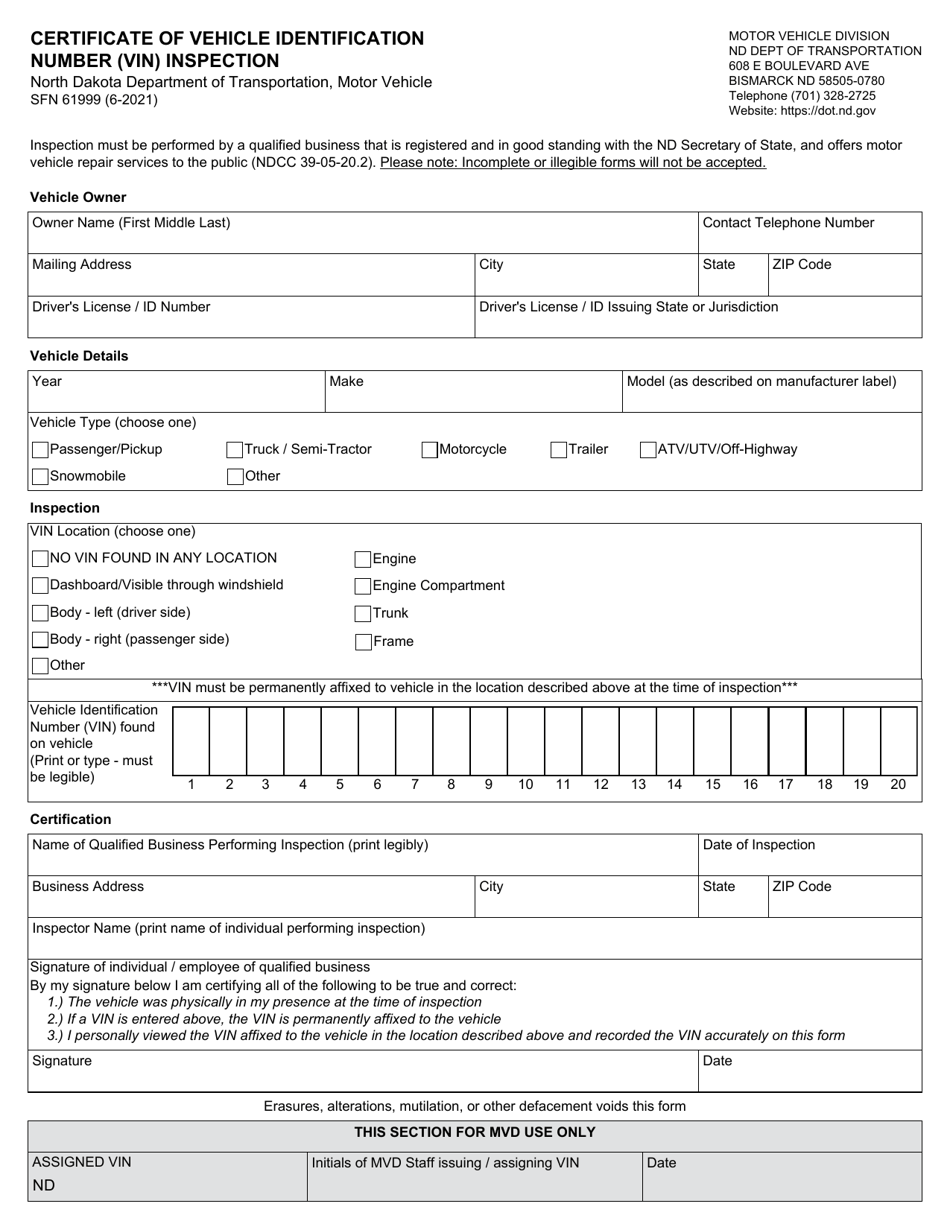 Form SFN61999 - Fill Out, Sign Online and Download Fillable PDF, North ...