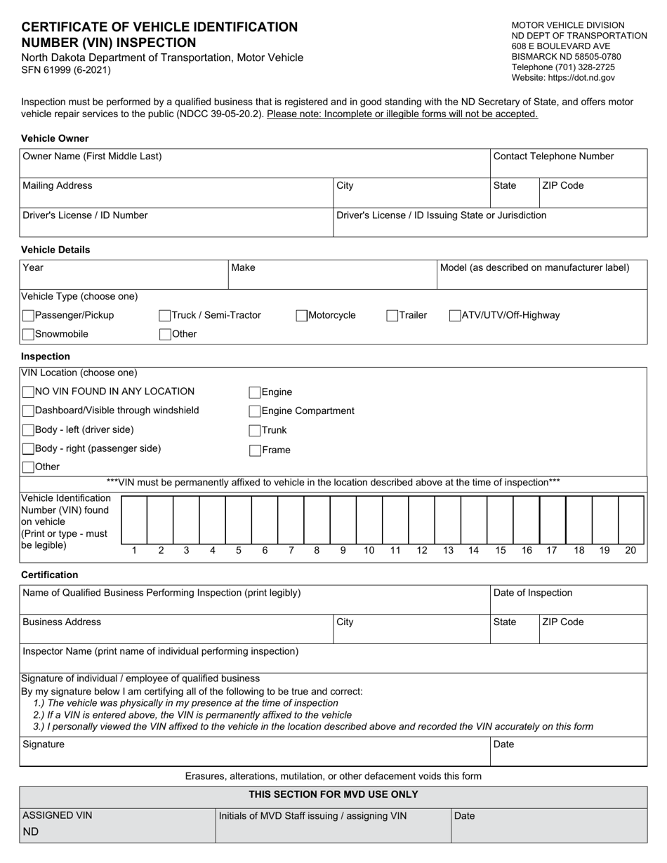 Form SFN61999 Certificate of Vehicle Identification Number (Vin) Inspection - North Dakota, Page 1