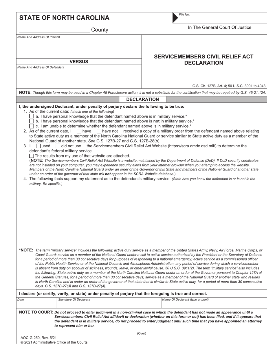 Form AOC-G-250 Servicemembers Civil Relief Act Declaration - North Carolina, Page 1