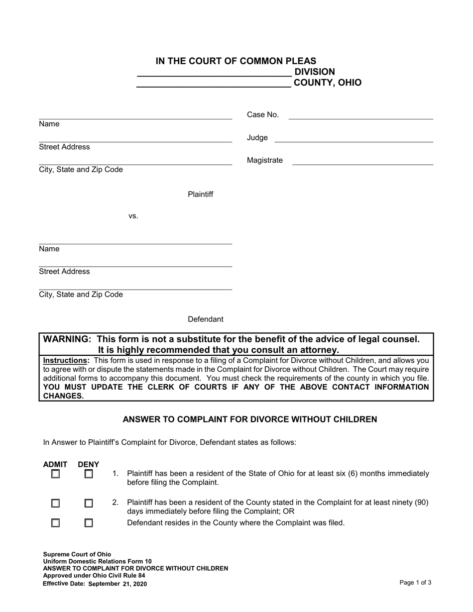 Uniform Domestic Relations Form 10 Answer to Complaint for Divorce Without Children - Ohio, Page 1