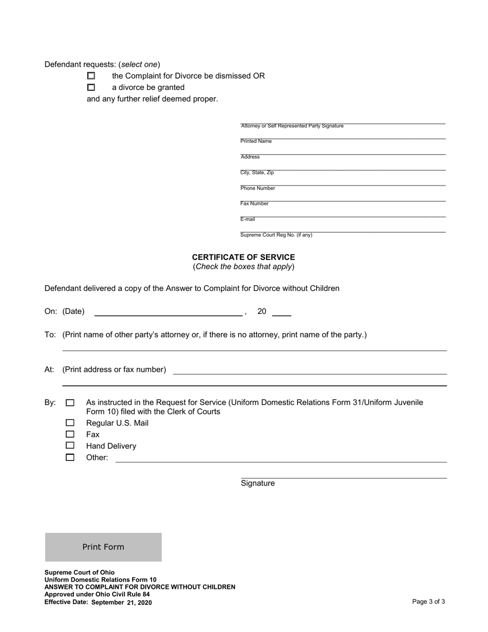 Uniform Domestic Relations Form 10 Answer to Complaint for Divorce Without Children - Ohio, Page 3
