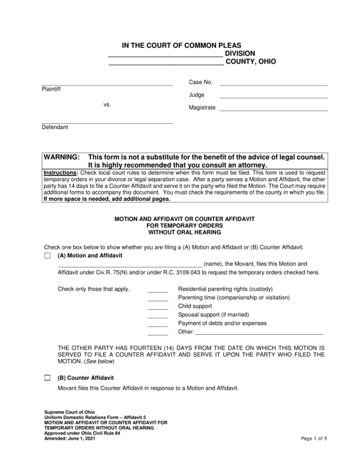Affidavit 5 Motion and Affidavit or Counter Affidavit for Temporary Orders Without Oral Hearing - Ohio