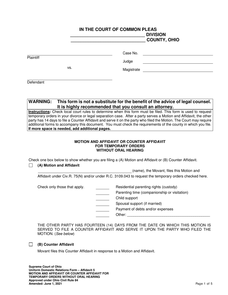 Affidavit 5 Motion and Affidavit or Counter Affidavit for Temporary Orders Without Oral Hearing - Ohio, Page 1