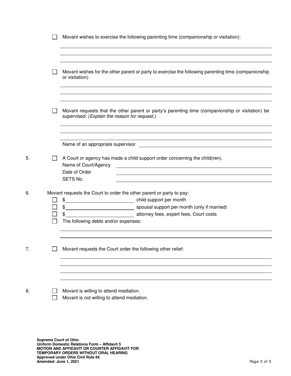 Affidavit 5 Motion and Affidavit or Counter Affidavit for Temporary Orders Without Oral Hearing - Ohio, Page 3