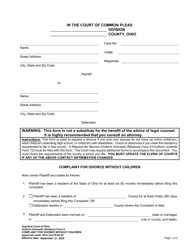 Uniform Domestic Relations Form 6 Complaint for Divorce Without Children - Ohio