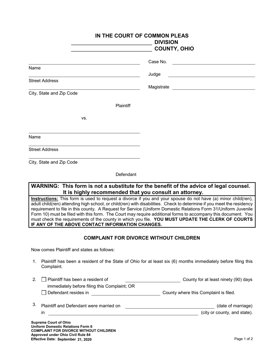 Uniform Domestic Relations Form 6 Complaint for Divorce Without Children - Ohio, Page 1