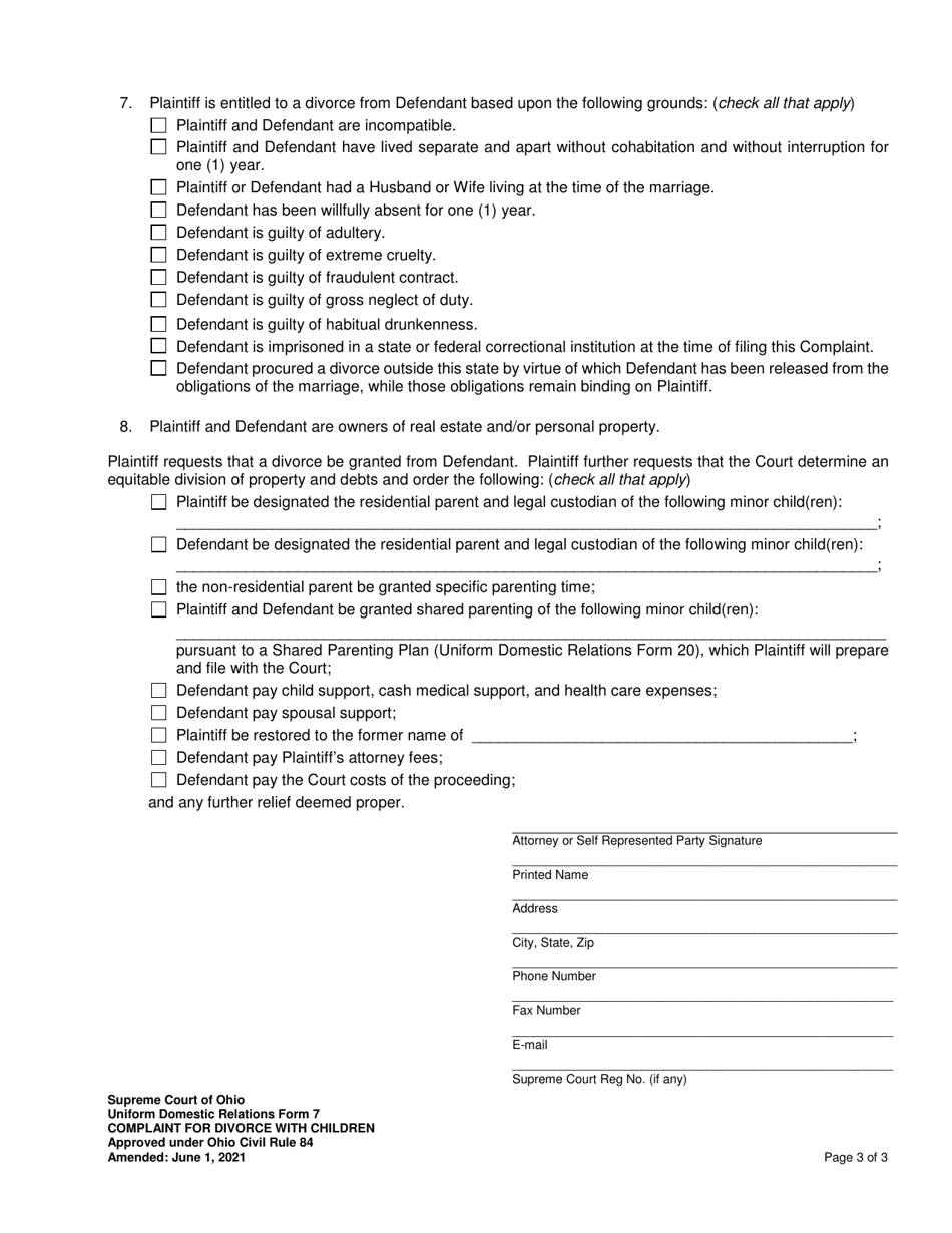 Uniform Domestic Relations Form 7 Complaint for Divorce With Children - Ohio, Page 3