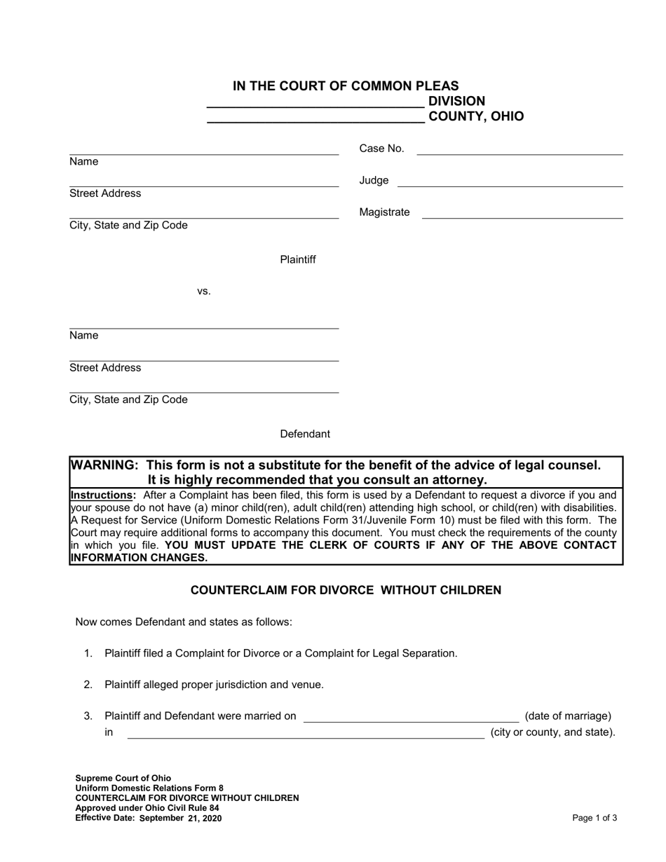 Uniform Domestic Relations Form 8 Counterclaim for Divorce Without Children - Ohio, Page 1