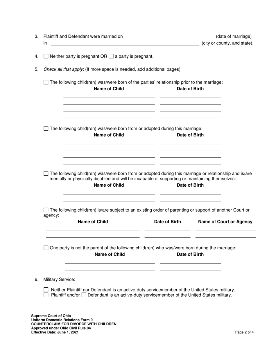 Uniform Domestic Relations Form 9 Counterclaim for Divorce With Children - Ohio, Page 2